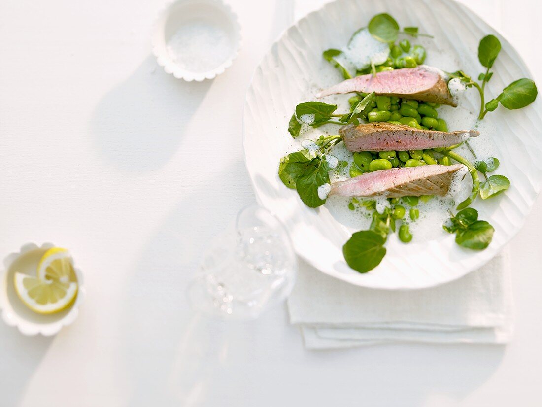 Lamb fillet on watercress and shelled beans