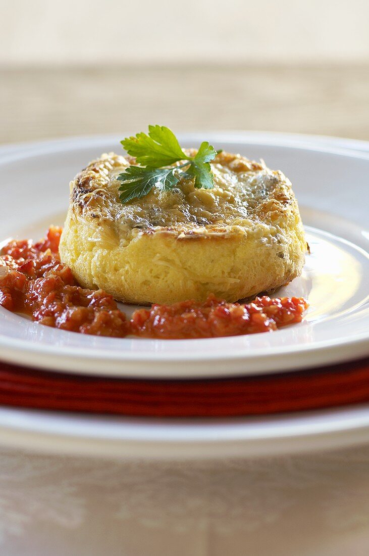 Cheese soufflé with pepper sauce