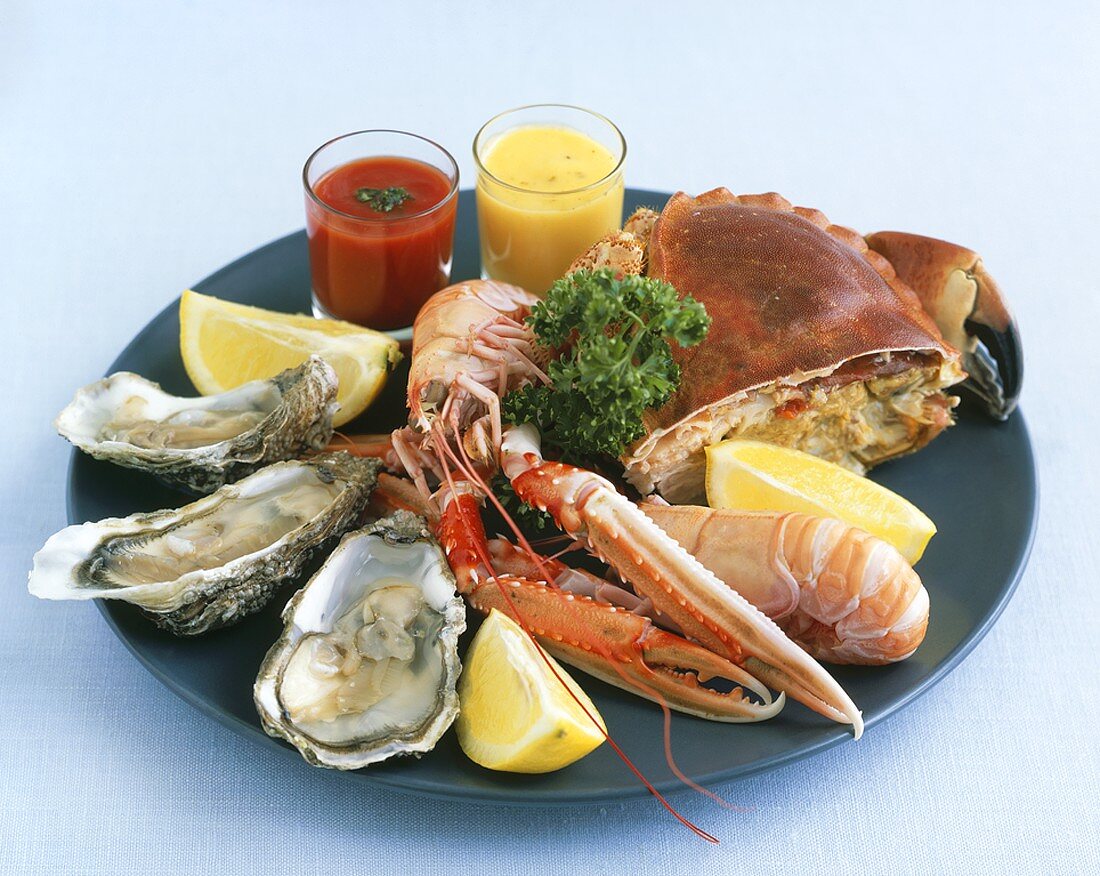 Seafood platter with two sauces