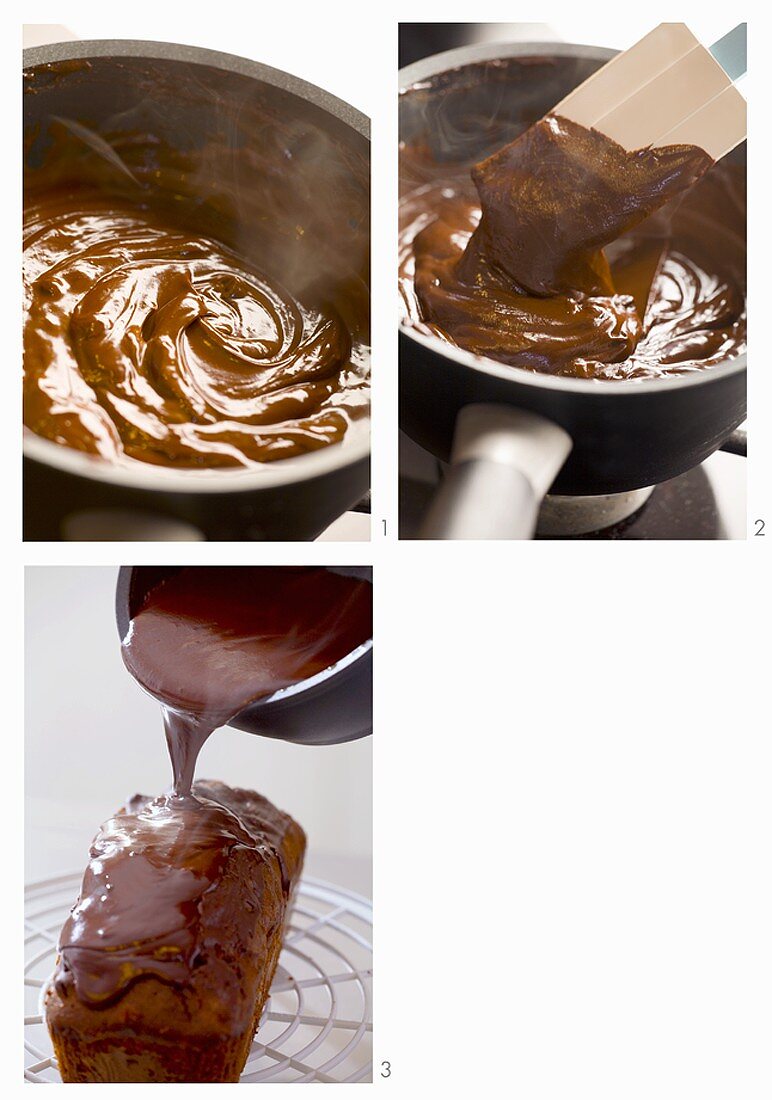 Coating a cake with chocolate