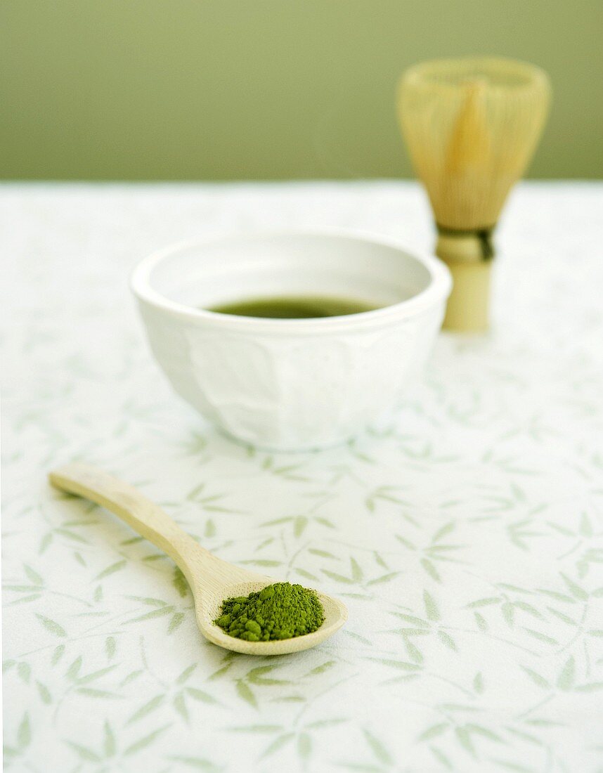 Matcha tea with powdered tea and tea whisk (Japan)
