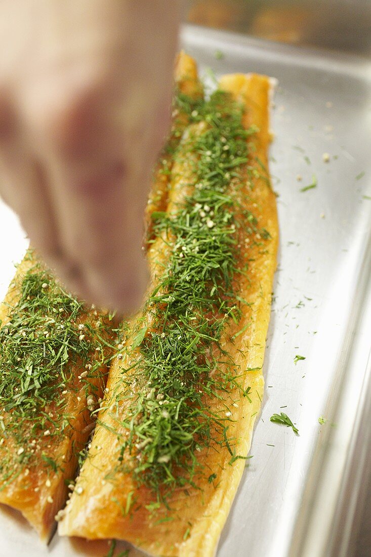 Sprinkling fish fillets with herbs and seasonings