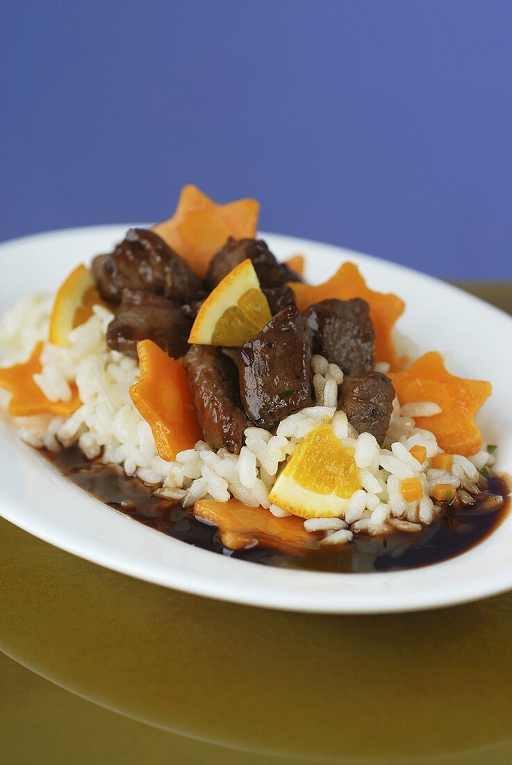 Venison and orange risotto with carrot stars