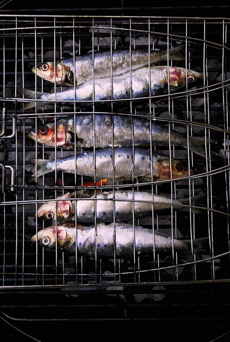 Sardines in a fish grilling basket on a barbecue