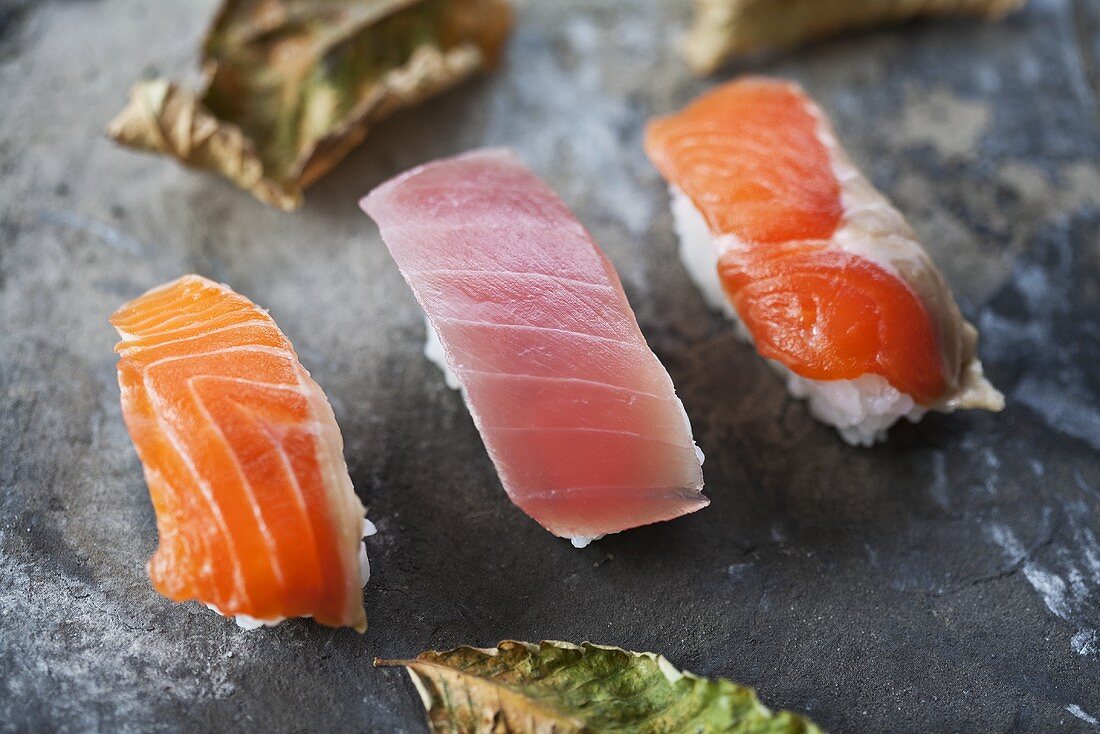 Nigiri-Sushi mit Thunfisch (Toro) und Lachs (Sake), Japan