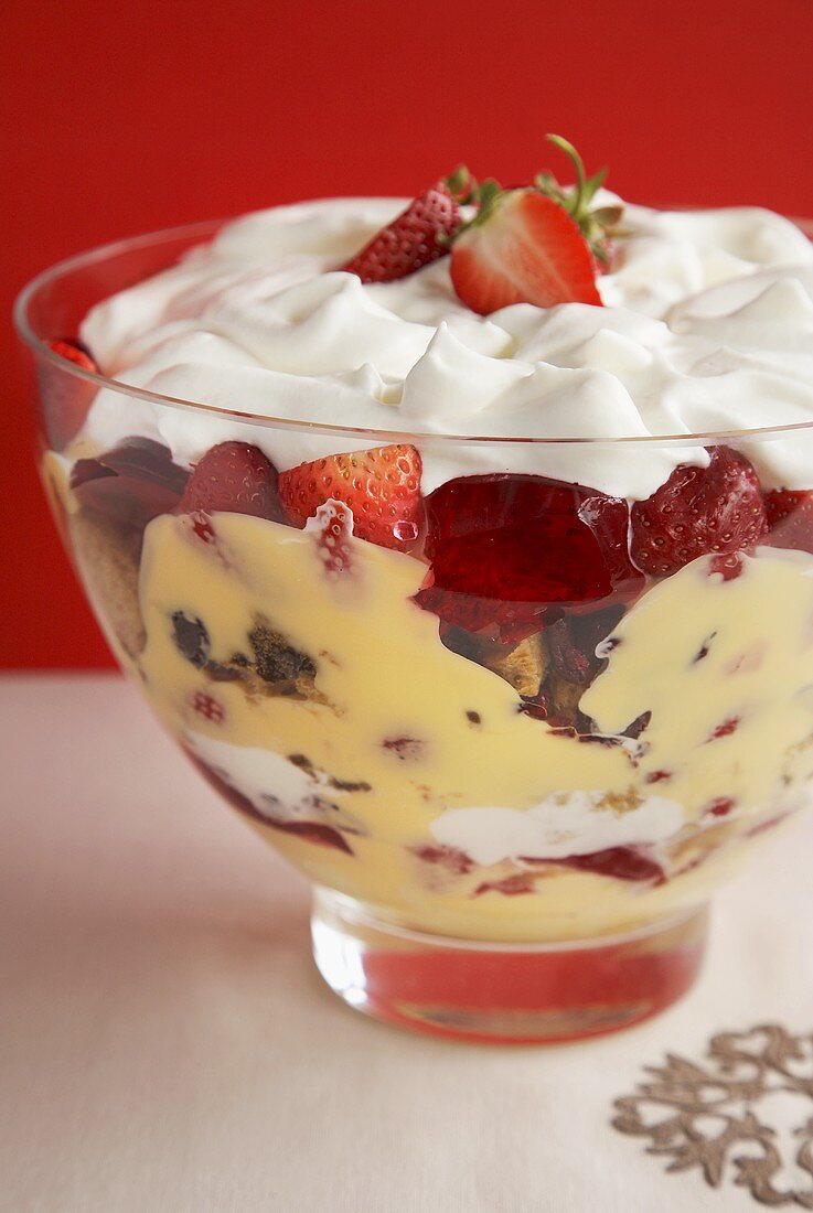 Trifle made with panattone, strawberries, vanila cream and cream