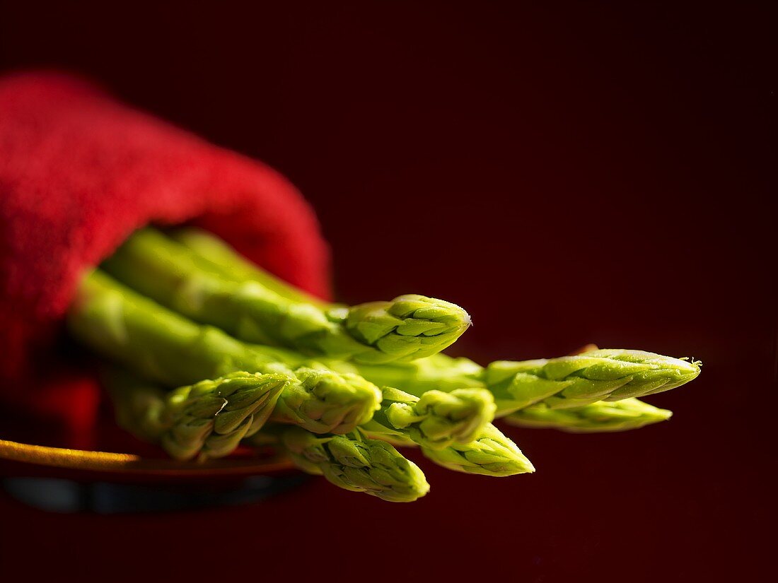 Green asparagus beeing kept fresh in a damp cloth