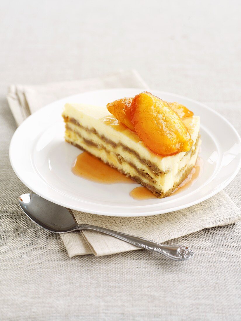 Cheesecake with poached peaches