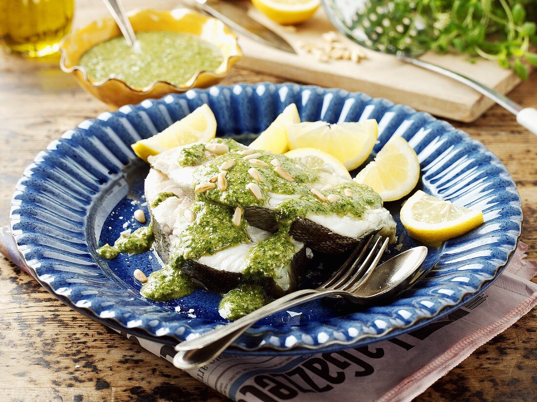 Poached cod steaks with lemon and salsa verde