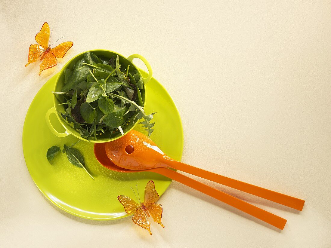 Assorted salad leaves in a small bowl
