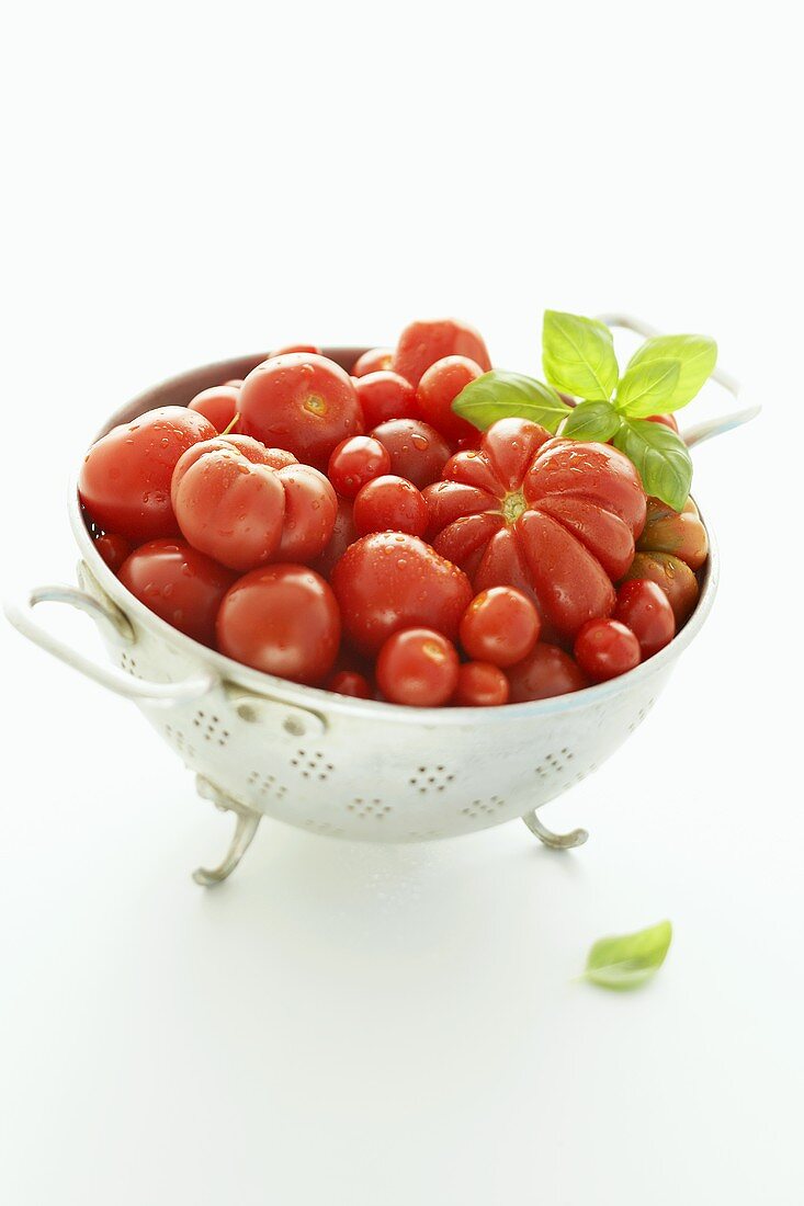 Mixed tomatoes in a colander