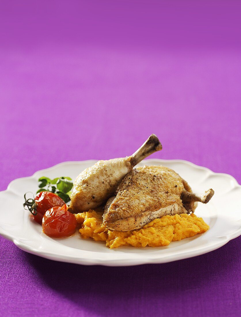 Roast chicken pieces on mashed sweet potato