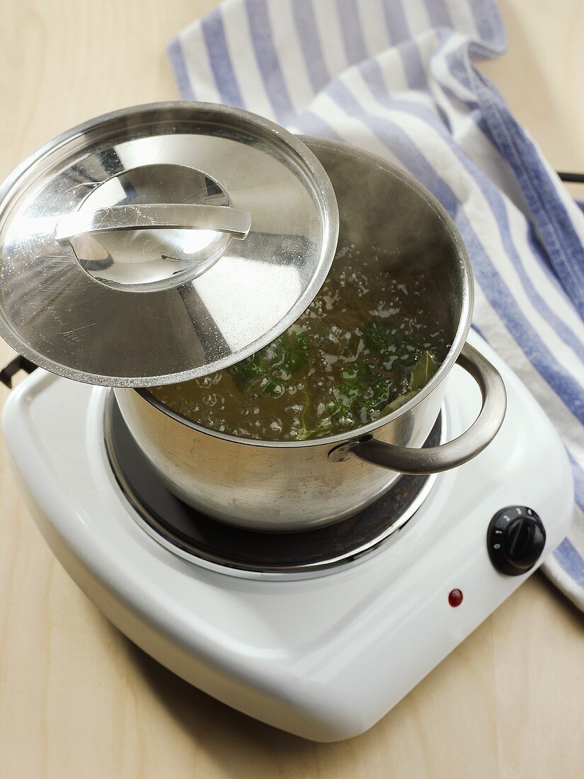 Making chicken broth: broth with herbs in pan