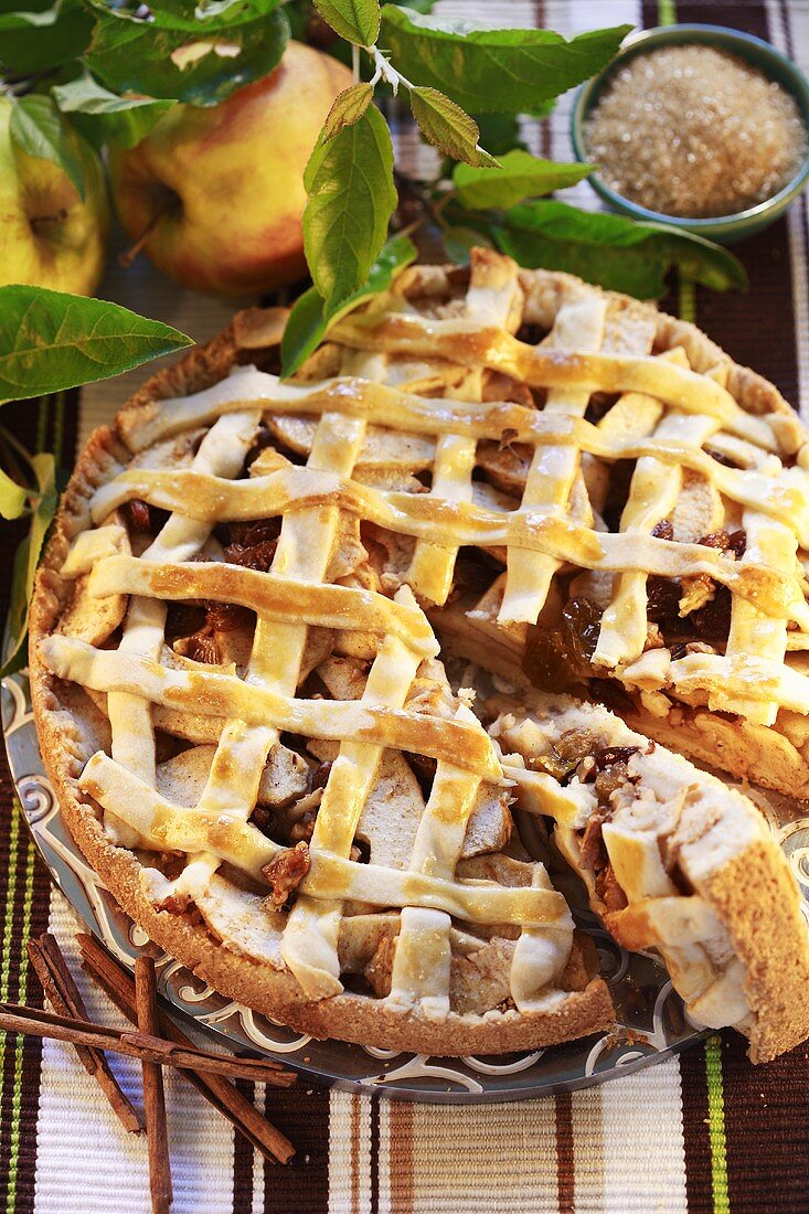 Apple tart with ginger and marzipan lattice