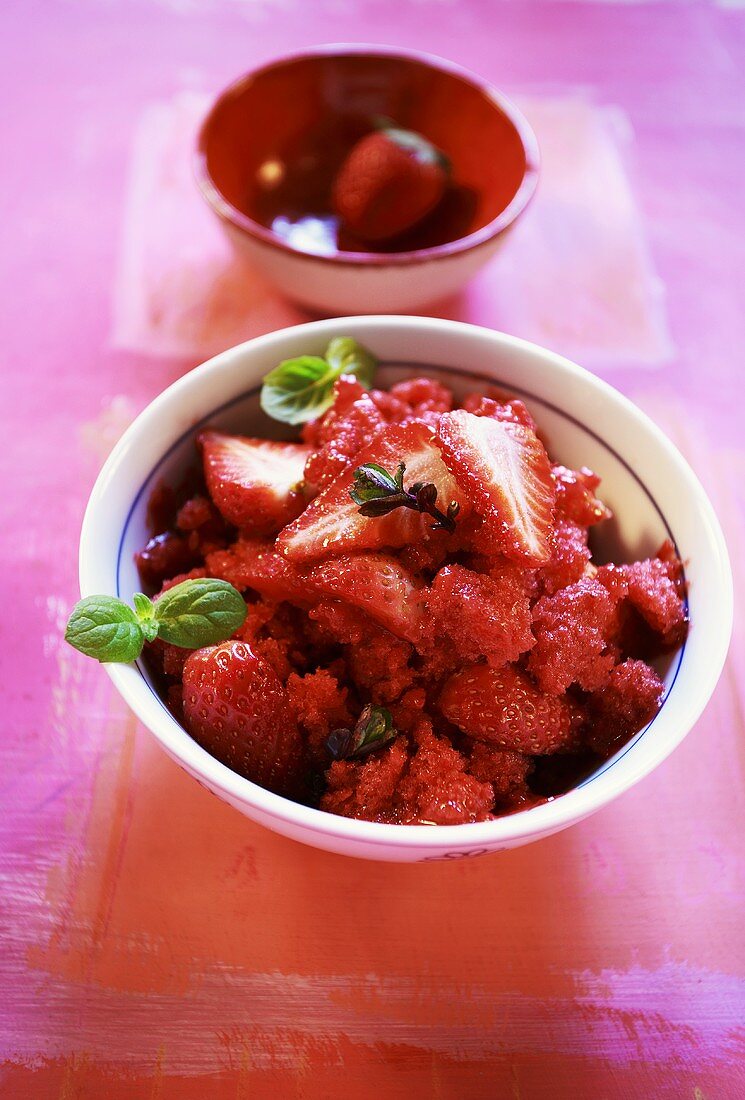 Strawberry sorbet in a small bowl