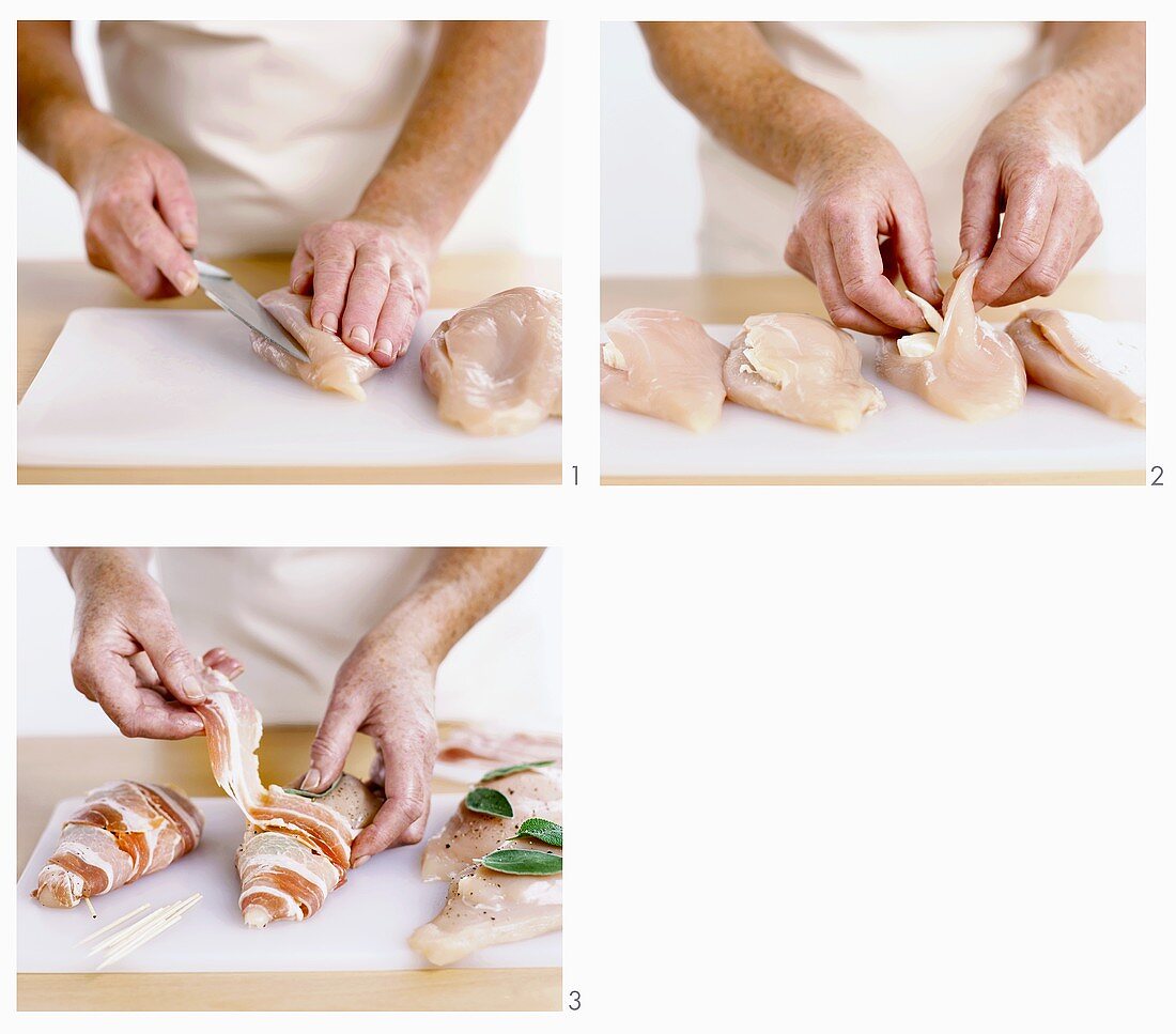 Preparing chicken breast stuffed with mozzarella