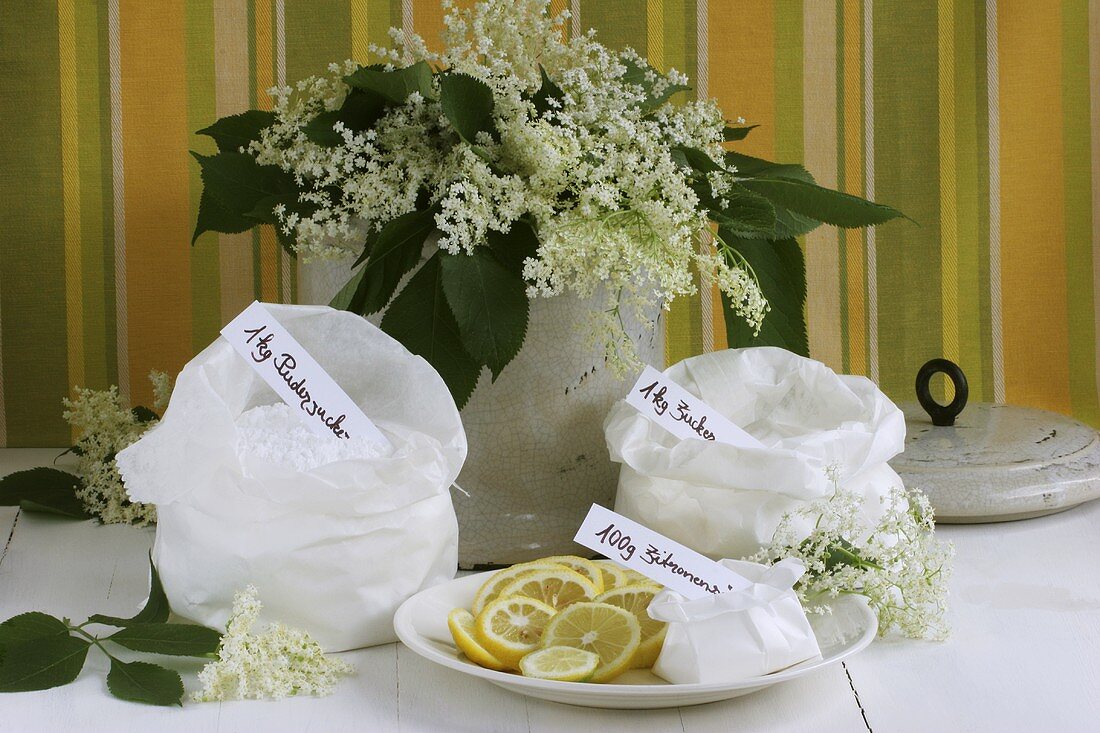 Ingredients for elderflower syrup