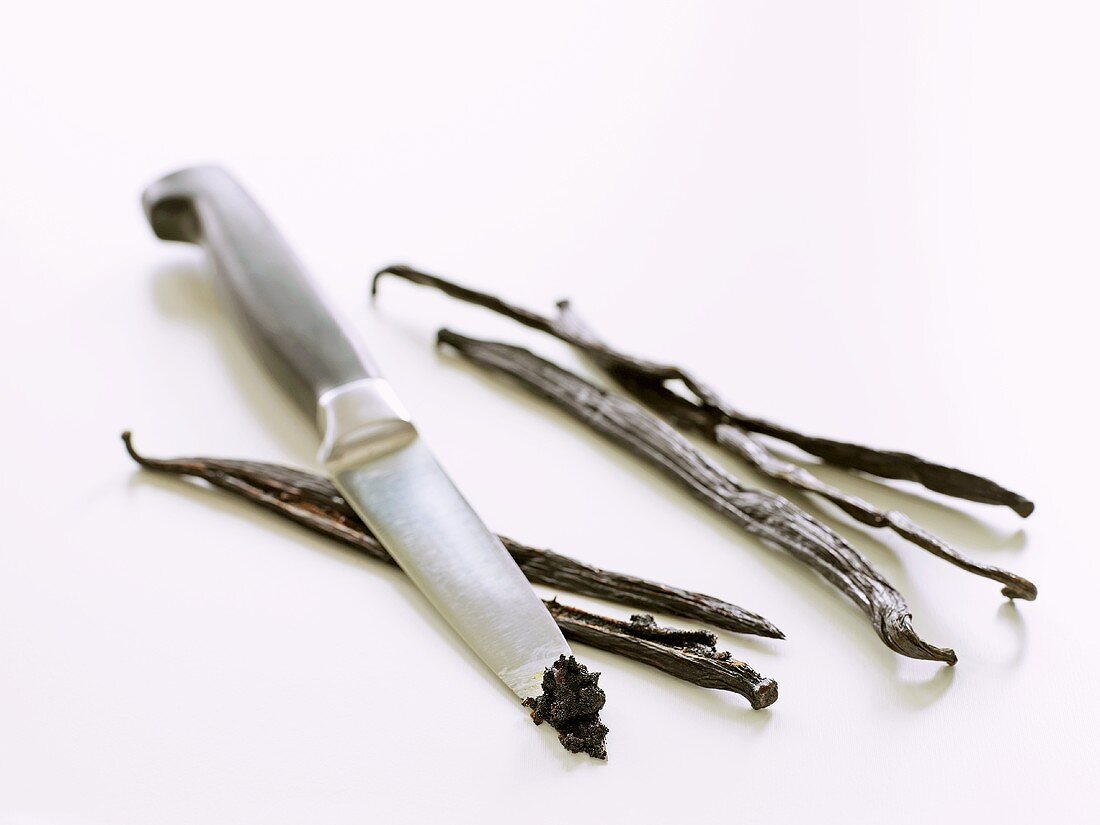 Vanilla pods and vanilla seeds on a knife