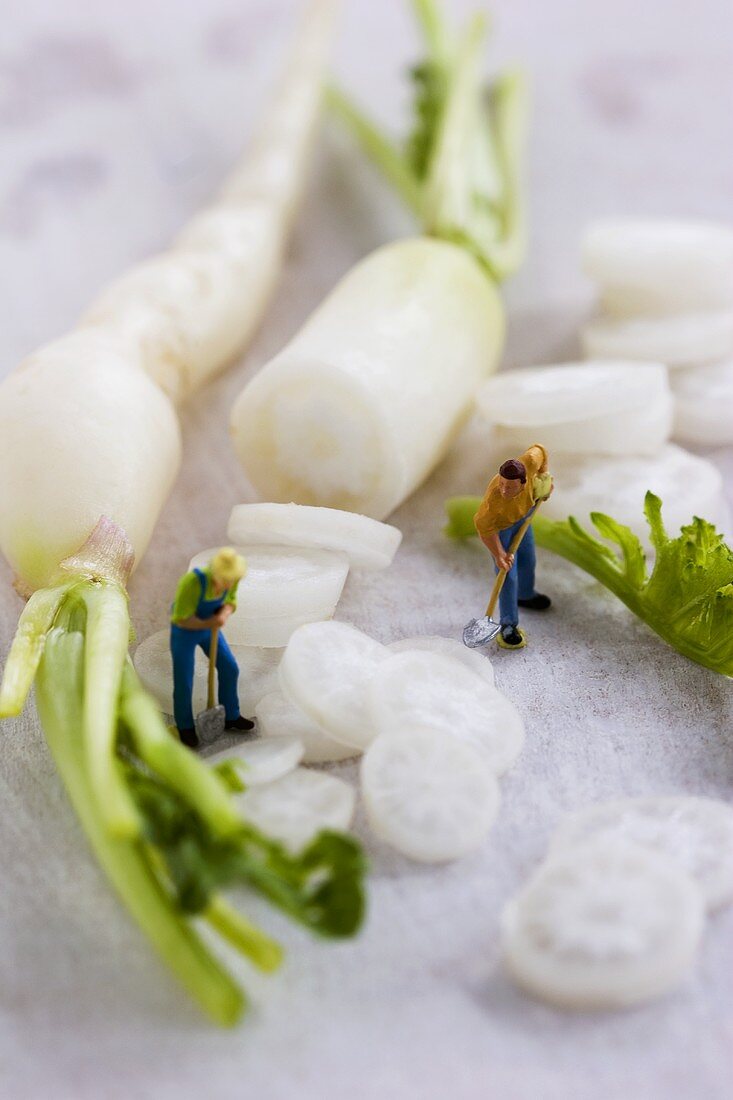 Two little toy men with white radishes