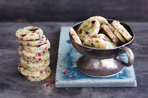 Pistachio, cranberry and pink pepper biscuits