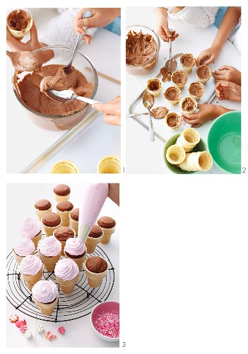 Making chocolate cupcakes in wafer cones