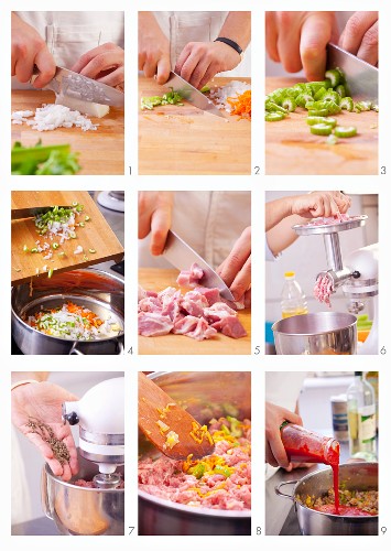 Preparing ingredients for making sausages