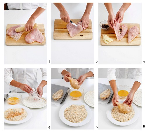 Chicken schnitzel being prepared