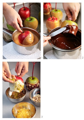Toffee apples being made and then coated in white chocolate