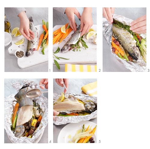 Making trout with vegetables in foil