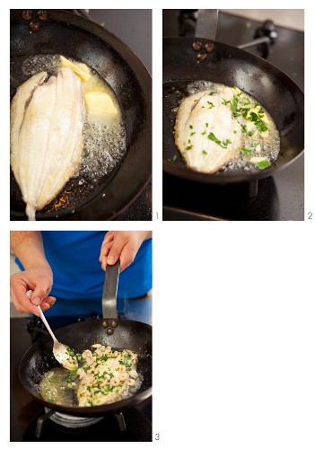 Preparing plaice with prawns, parsley and butter