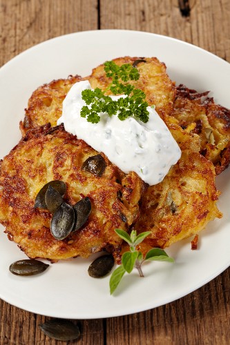 Turnip cakes with pumpkin seeds and herb quark