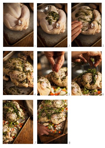 Roast chicken with herbs being made