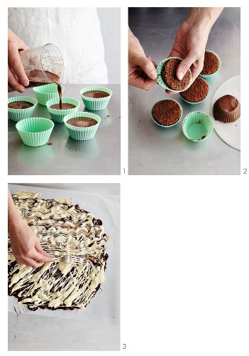 Sponge cakes with chocolate decorations being made