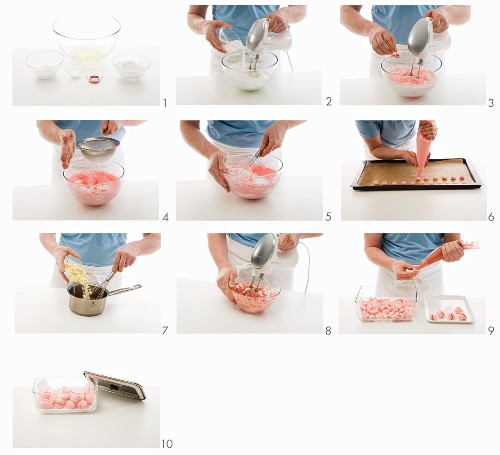 Pink meringue hearts being made