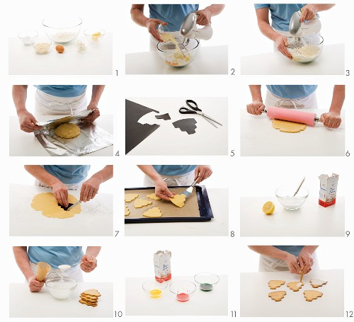Cake-shaped biscuits being baked and decorated