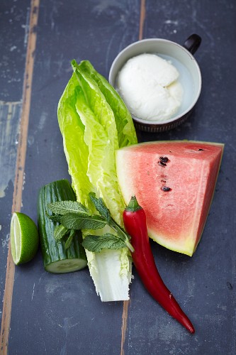 Ingredients for lettuce rolls with melon