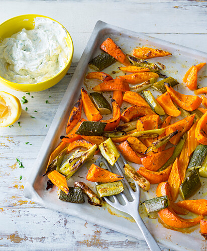 Oven roasted vegetables with a coriander dip