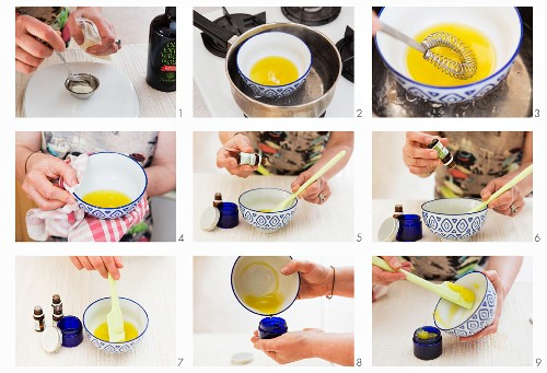 A balm made from bees' wax, olive oil and essential lemon oil being made