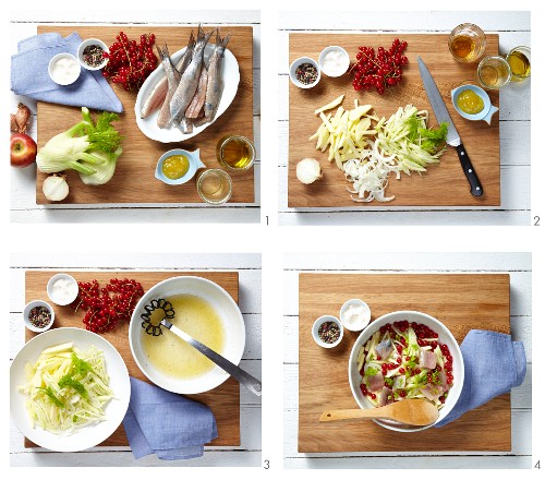 Soused herring salad with fennel, redcurrants and a fig and mustard dressing being made