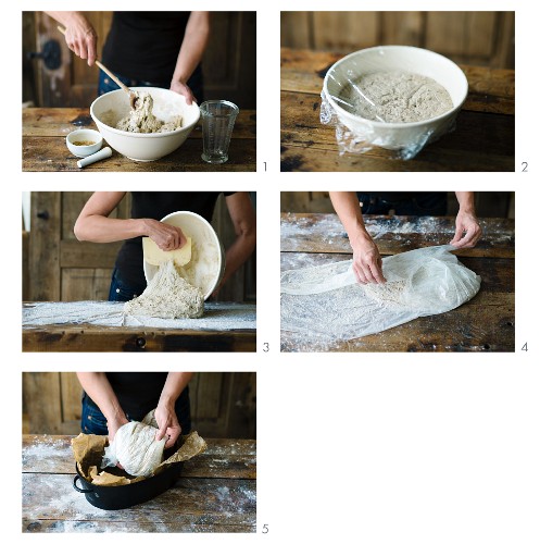 No-knead country bread being made
