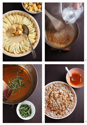 Pear and apple pie with rosemary being made