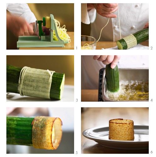 Fried potato baskets being made