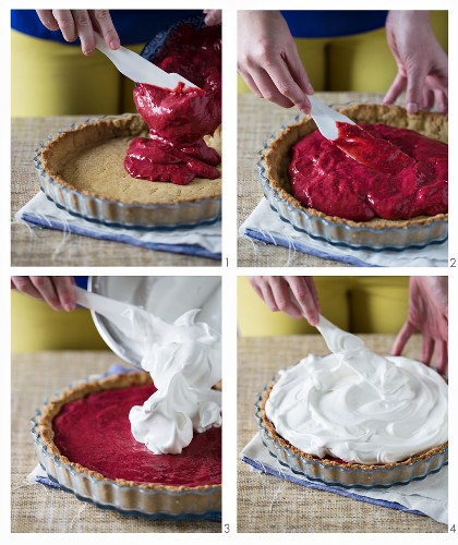 Raspberry-meringue cake being made