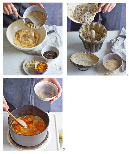 Poppyseed pudding with amaranth and physalis ragout being made