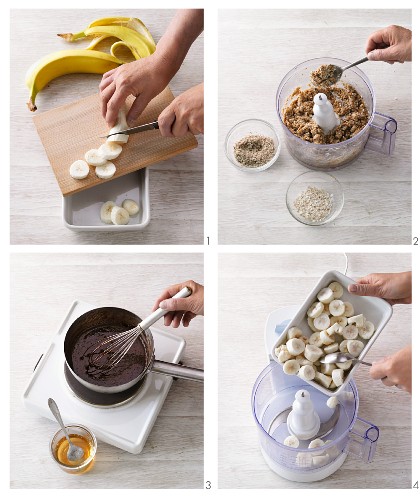 Banana ice cream with cookie dough crumbles and chocolate sauce being made