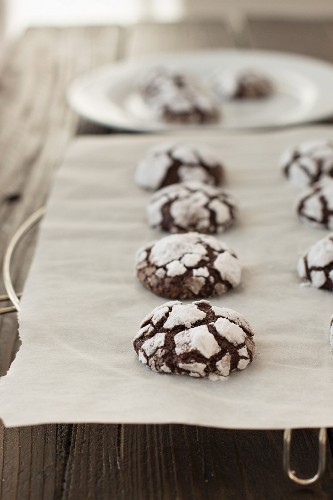 Chocolate Crinkle Cookies auf Backpapier