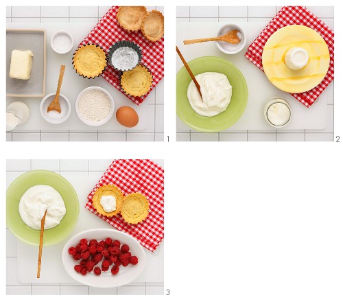 A tartlet with yoghurt cream and fresh raspberries being made