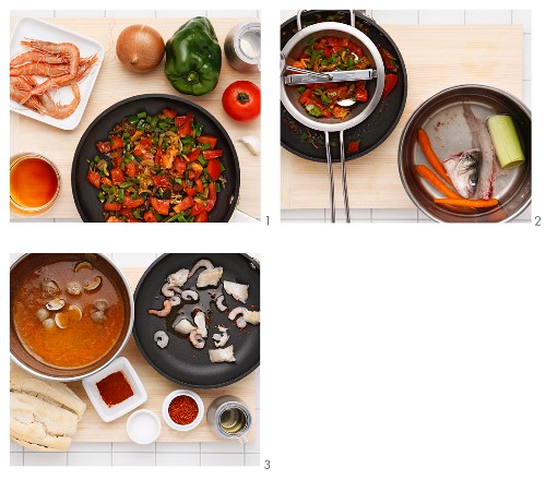 Fischsuppe mit Garnelen zubereiten