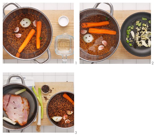 Lentil stew with salted pork being made