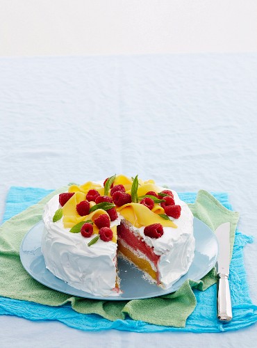 Baiser-Eistorte mit Mango und Himbeeren